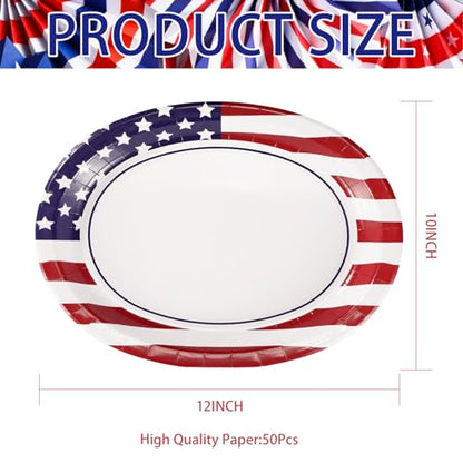 50Pcs Patriotic Oval Paper Plates 10" X 12" Large Heavy Duty 250 Anniversary American Flag Disposable Plates 4th of July Red Blue and White Platters for President Memorial Independence Day Supplies - style: 4th of July Oval Kit