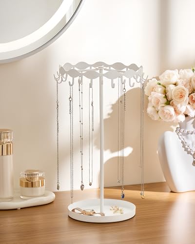 Lolalet Necklace Organizer Holder, Jewelry Display Rack Tree Stand with 26 Hooks & Metal Base Tray, Tall Hanging Storage for Necklaces, Keychains, Bracelets for Women -White - color: White