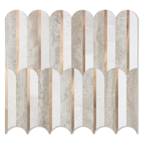 OYAISIM Peel and Stick Backsplash Seamless Tile for Kitchen,Beige Slate PVC Mixed Light Gold Stick on Backsplash Metal Mosaic Wall Tiles - color: Beige Slate+Pure White+Light Gold