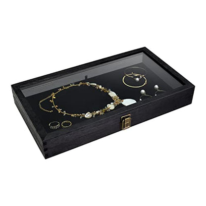 MOOCA Wooden Jewelry Display Case, Pocket Knife Display Case with Tempered Glass Top Lid and Removable Black Luxurious MDF Velvet Jewelry Pad, Black Color - color: 2) Black