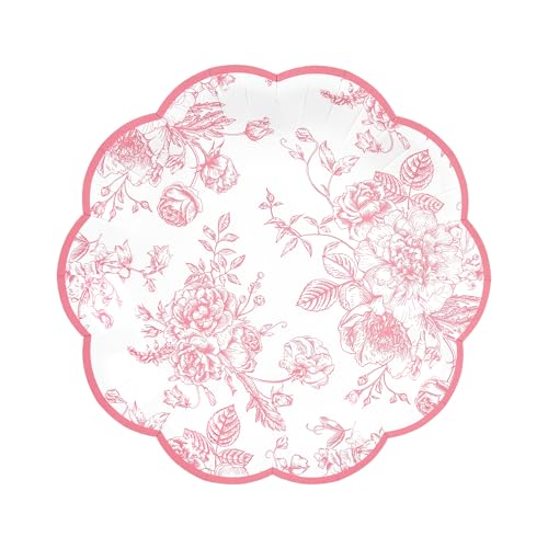 24 Pcs Pink Floral Party Plates Vintage Floral Leaf Disposable Paper Plates Wildflower Pink Toile 7" Small Scalloped Rim Dessert Plates for Valentines Birthday Bridal Tea Party Supplies - color: Pink Floral