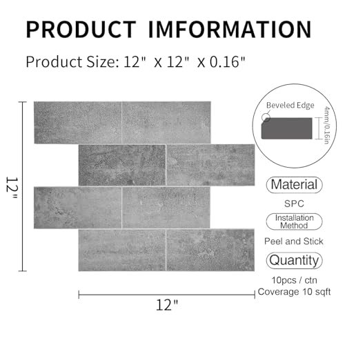 COLAMO Luxury 10PCS Peel and Stick Backsplash, Medium Gray Peel and Stick Wall Tile for Kitchen Backsplash, Faux Stone Large Subway Tile Stick on Backsplash for Bathroom,RV,Accent Wall - color: Medium Gray, size: 10 Sheets (12"×12")