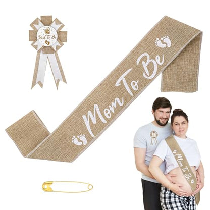 Jeffdad Neutral Burlap Mom to Be Sash Dad to Be Pin Baby Shower Decorations, Mommy to Be Sash Baby Shower Corsage for Gender Reveals Party Decorations for Pregnant Keepsake Gifts