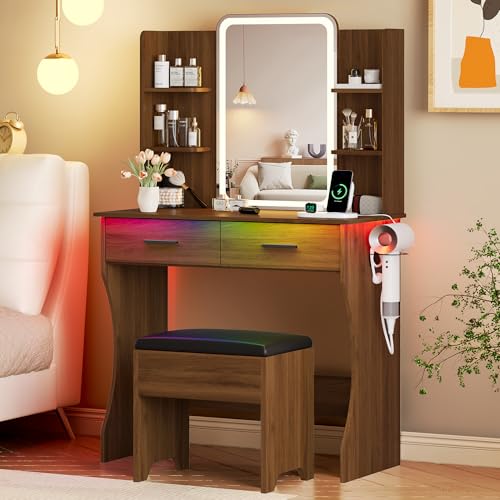 Vanity Desk with LED Lights Mirror & Power Outlet, Small Makeup Vanity Table Set with Storage Drawers & Chair, 3 Lighting Modes & Adjustable Brightness, Dressing Table for Women Girls Bedroom, Walnut - color: Walnut, size: 2 Drawers