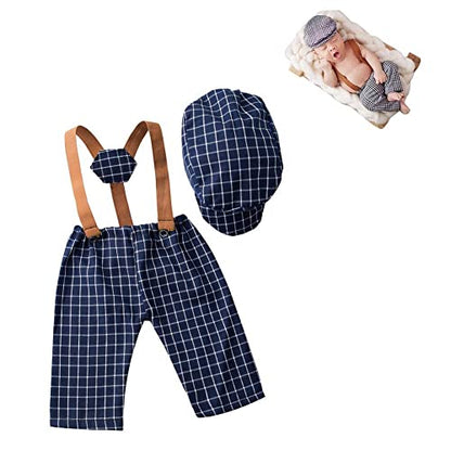 Newborn Monthly Baby Photo Props Stripe Checked Flat Cap Newsboy Suspender Pants Romper for Photography Outfits - color: Dark Blue