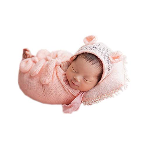 Newborn Baby Boy Girl Photography Props Bow Wrap, Posing Aid, Hat and Blanket Set of 4 Pcs - color: Light Pink