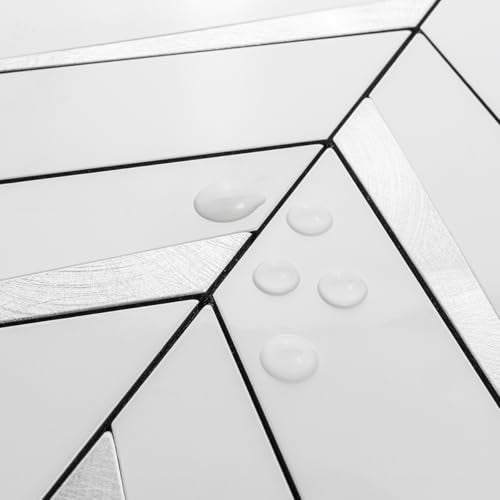 DICOFUN 10-Sheet Herringbone Tile Peel and Stick Backsplash, Polished White Marble PVC Mixed Metal Silver Stick on Backsplash for Kitchen and Bathroom Wall - color: Polished White Marble and Metal Silver, size: 10 Sheets, 12"x12"x0.12"