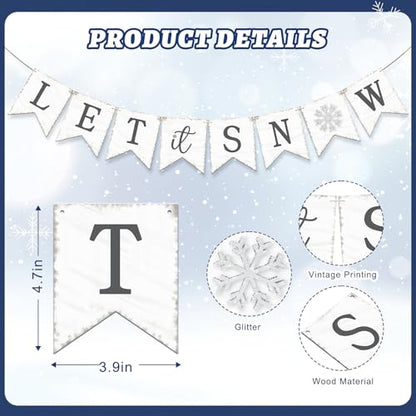 Let It Snow Banner Garland, No DIY Wooden Christmas Banner for Mantle Fireplace Wall, Rustic Let It Snow Christmas Decorations for Home, Winter Wonderland Party Decorations