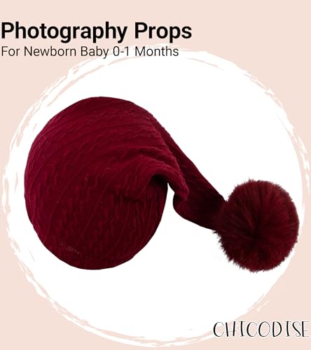 Newborn Photography Props, Infant Photoshoot Outfit Romper & Pom Pom Hat for Baby Boys Girls - color: Wine Red