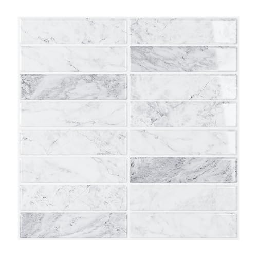VEELIKE Marble Peel and Stick Backsplash for Kitchen Backsplash Tile Peel and Stick Waterproof Grey Wall Tiles for Bathroom Laundry Room 6 Sheets Renter Friendly Stick on Tile Stickers 12''x12'' - color: Gray, size: Box of 6 Tiles