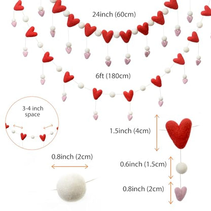 Glaciart One Felt Heart Garland – 6 Feet, 20 Hearts, Pom Pom Decorations, Nursery Decor, Bunting, Birthday Party Decorations, Carnival, Photo Prop
