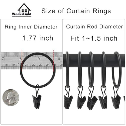 WeeksEight 40 Pack Black Curtain Rings with Clips, Curtain Hooks Hangers Clip Rings for Hanging Drapes Bows Hat, Drapery Rings 1.77 in I D, Fits up to 1.5 in Diameter Curtain Rod. - color: Black, size: 1.7" I D Set of 40