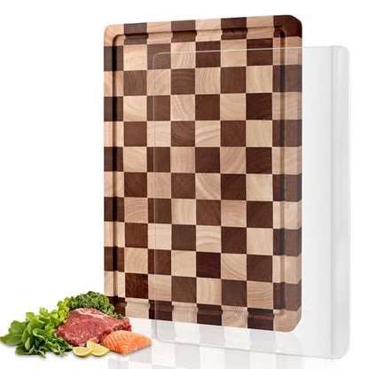 Checkered Cutting Board and Acrylic Cutting Board Set, 2 PCS Cutting Boards for Kitchen, Checkerboard Solid Wood End Grain Chopping Board with Juice Groove & Acrylic Cooking Board with Counter Lip - style: Acrylic board +Checkerboard