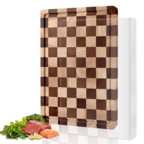 Checkered Cutting Board and Acrylic Cutting Board Set, 2 PCS Cutting Boards for Kitchen, Checkerboard Solid Wood End Grain Chopping Board with Juice Groove & Acrylic Cooking Board with Counter Lip - style: Acrylic board +Checkerboard