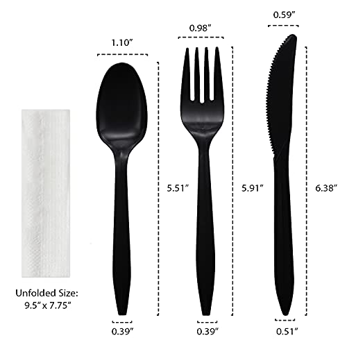 Party Essentials Individually Wrapped Plastic Cutlery Packets/Silverware Kits, Black Fork/Spoon/Knife/Napkin, 50 Sets - color: Black Fork/ Spoon/ Knife/ Napkin, size: 50 Sets