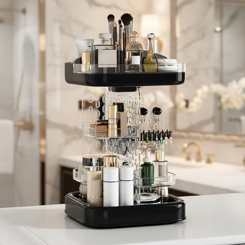360 Rotating Make up Organizer for Vanity & Countertop, Clear Adjustable Height Tiered Cosmetic and Skincare Storage, Spinning Perfume and Makeup Holder, Jewelry Accessories Desktop Organizer, Black - color: Black