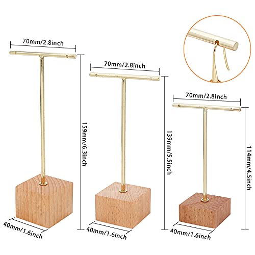 FINGERINSPIRE 3 Pcs Gold Metal T Bar Earring Display Stand 6.3/5.5/4.5 Inch Height Jewelry Stand with Wooden Square Base Earring Hanging Holders Jewelry Organizer for Store Retail Photography Props - color: Gold- Square Base, 6.3&5.5&4.5 Inch Height