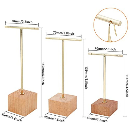 FINGERINSPIRE 3 Pcs Gold Metal T Bar Earring Display Stand 6.3/5.5/4.5 Inch Height Jewelry Stand with Wooden Square Base Earring Hanging Holders Jewelry Organizer for Store Retail Photography Props - color: Gold- Square Base, 6.3&5.5&4.5 Inch Height