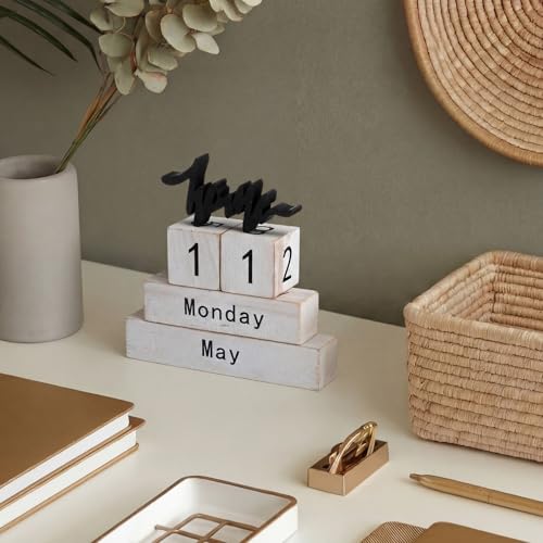 Novabright Retro Wooden Perpetual Block Calendar for Desk Rustic Wood Month Date Display Blocks Home Tiered Tray Decor for Home Farmhouse Office Daily Desktop Calendar Accessories