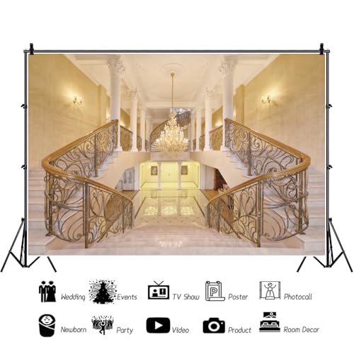 Leowefowa 5x3ft Castle Backdrop Luxurious Golden Palace Elegant Stair Droplight White Pillar Marble Floor Interior Wedding Vinyl Photography Background Kids Adults Photo Studio Props - size: 5x3ft