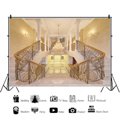 Leowefowa 8x6ft Castle Backdrop Luxurious Golden Palace Elegant Stair Droplight White Pillar Marble Floor Interior Wedding Vinyl Photography Background Kids Adults Photo Studio Props - size: 8x6ft