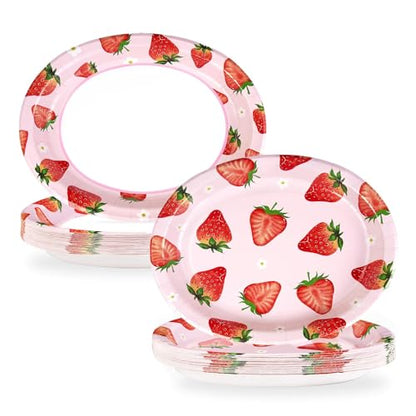 Grencian 50 Pcs Strawberry Oval Paper Plates Large 10" x 12" Strawberry Plates Disposable Berry Sweet Tableware for Girl Strawberry Birthday Party Decorations Spring Summer Fruit Baby Shower Supplies - style: Strawberry Oval Plates