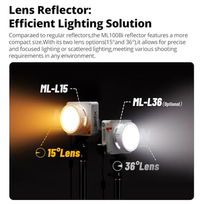 Godox ML100Bi 120W Bi-Color LED Video Light with 60cm Softbox Kit, CRI97+ & TLCI98+ 34300 Lux APP Control, 2800K-6500K, USB-C, 11 FX Effects for YouTube Filming, Live Streaming, Photography