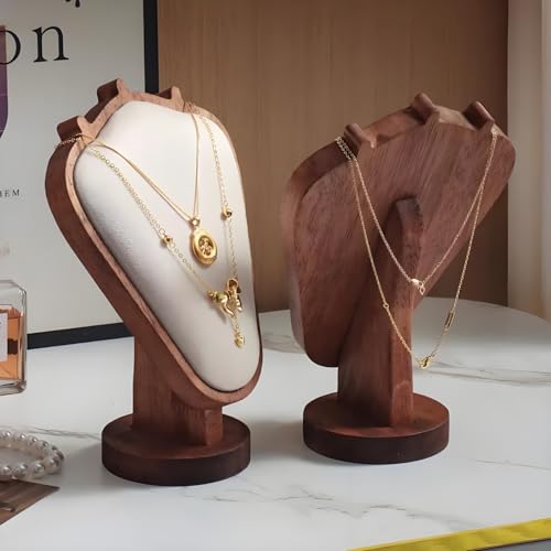 Walnut Color Body Wood Necklace Display Stand with Beige Flannelette Soft Mat Necklace Holder Organizer Desktop Stand for Home Store Dresser-3.3"x5.8"x8.4" - color: Walnut-Beige, size: 3.3"x5.8"x8.4"