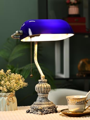 Retro Blue Glass Bankers Desk Lamp for Home Office,Library with Pull Chain Switch Plug in Fixture, LED Bulb Included - color: Antique +Blue