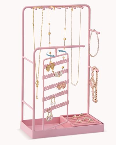 Lolalet Jewelry Organizer Stand, No Assembly Needed Display Storage with Rotating Earring Holder for Room Dorm Decor Necklace Bracelet Rings, Gifts for Mom Women Girls Mother's Day -Pink - color: Pink