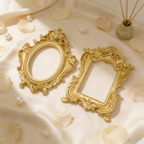 6 Pcs Mini Gold Frames, Small Vintage Picture Frames Antique Resin Photo Frame for DIY Craft Galley Wall Hanging Jewelry Display Shooting Photo Props Christmas Decor (Without Backings) - color: Gold, style: Style 2