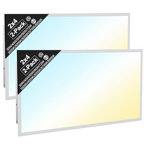 2x4 LED Flat Panel Light, Drop Ceiling Office Fixture, 2-Pack, 5W & 5CCT Selectable (30W–72W, 3500K–6500K), 0-10V Dimmable, Back-Lit, Flicker-Free, DLC & ETL Listed - size: 2x4FT-2pack