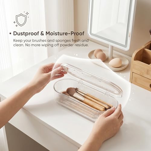 Makeup Brush Holder Organizer Clear Acrylic Makeup Sponges Organizer,Cosmetic Storage Case with Lid Display Case for Vanity (Brush Organizer)
