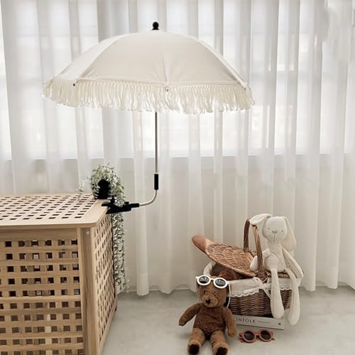BFYDOAA Baby Outdoor Parasol with Fringe, 26in Clip On Strollers Sun Umbrella Adjustable Children Chair Umbrella for Beach Park Picnic,Photo Props (Light Blue)