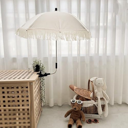 BFYDOAA Baby Outdoor Parasol with Fringe, 26in Clip On Strollers Sun Umbrella Adjustable Children Chair Umbrella for Beach Park Picnic,Photo Props (Light Blue)