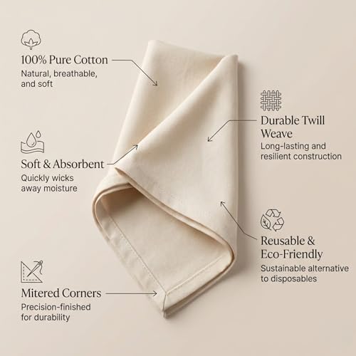 ACCENTHOME Accent Home 100% Cotton Napkins, Delicate Cloth Napkins for Dinners, Parties and Weddings，18 x 18 Inch Set of 12 - Natural - color: 01 - Natural - Twill, size: 18"x18" - Pack of 12
