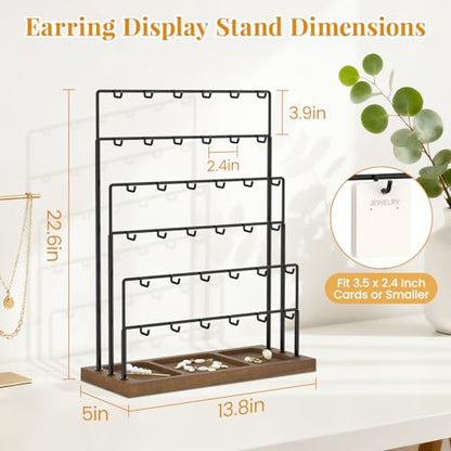 EsLuker.ly Earring Card Display Stand for Vendors Events Selling, Earring Holder Rack Metal 6 Tier 36 Hooks with Wooden Base, Large Capacity Showcase Your Jewelry at Any Event, Black - color: Dark Brown+Black