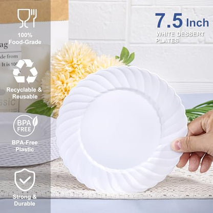 U-QE 100 Count White Plastic Plates for Party - 7 Inch Scalloped Dessert Plates Disposable Heavy Duty - Premium Hard Plastic Appetizer/Cake Plates for Party, Wedding, BBQ, Picnic and Graduation - color: 7Inch-100pcs-White