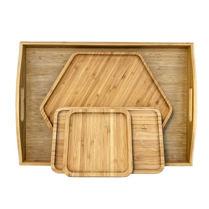 Bamboo Serving Trays 16.5"x11.8"（42x30cm with Handle, Set Includes 1xHexagon 12.5"(32cm)+1xRectangle 9.8"(25cm)*5.9"(15cm)+1xSquare 5.9"(15cm) Dinner Plates Cheese Cutting Board - color: Hexagon+rectangle+square