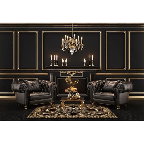 5x3ft Vinyl Black Luxury Interior Photography Backdrop Fireplace Sofa Chandelier Nordic Style Vintage Wall Backdrops for Birthday Wedding Events Party Home Decors Photo Booth Studio - color: black and gold, size: 5x3ft