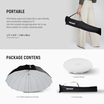 NEEWER 71"/180cm Parabolic Reflective Umbrella Photography with White Inner, Soft Lighting with Diffuser Cover, Bag, Quick Fold for Camera Photo Studio Video Light Shooting Monolight Flash, NS4U - color: White, size: 71"