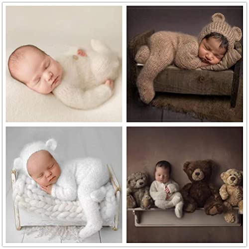 Newborn Photography Props Boys Girls Outfits Mohair Bear Hat Bonnet & Footed Romper Bodysuit Photoshoot Costume Set - color: Camel