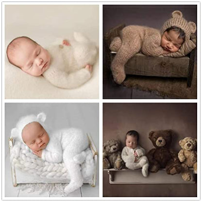 Newborn Photography Props Boys Girls Outfits Mohair Bear Hat Bonnet & Footed Romper Bodysuit Photoshoot Costume Set - color: Camel