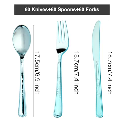 180 Pack Disposable Light Blue Plastic Silverware Contain 60 Forks,60 Spoons,60 Knives, Solid and Durable Plastic Cutlery Utensils Set Perfect for Parties,weddings. - color: Light Blue
