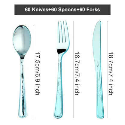 180 Pack Disposable Light Blue Plastic Silverware Contain 60 Forks,60 Spoons,60 Knives, Solid and Durable Plastic Cutlery Utensils Set Perfect for Parties,weddings. - color: Light Blue