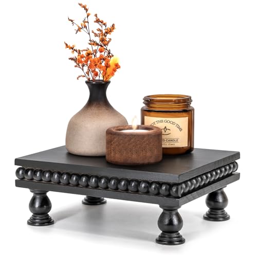 EOSAHR Pine Wood Display Riser for Room Decor – Farmhouse Pedestal Stand with Beaded Edge for Apartment Essentials, Small Plant Stand or Coffee Stand Accents – Perfect Modern Room Decor(Black) - color: Black