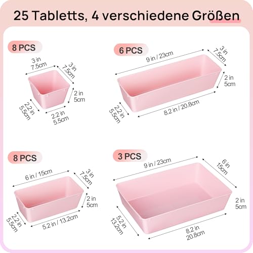 Vtopmart 25 PCS Plastic Drawer Organizers Set, 4-Size Versatile Bathroom and Vanity Drawer Organizer Trays, Storage Bins for Makeup, Bedroom, Kitchen Gadgets Utensils and Office - color: Pink