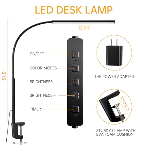 LED Desk Lamp with Clamp, Eye-Protection Clip on Desk Lamp, 5 Modes 10 Brightness Adjustment, 360°Flexible Gooseneck Lamp for Home Office, Lamps with USB Adapter，Black - color: Plus.-Black