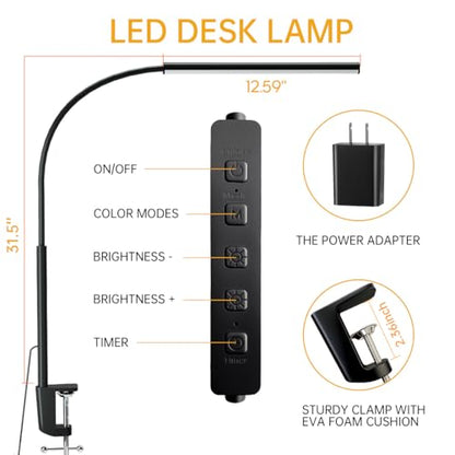 LED Desk Lamp with Clamp, Eye-Protection Clip on Desk Lamp, 5 Modes 10 Brightness Adjustment, 360°Flexible Gooseneck Lamp for Home Office, Lamps with USB Adapter，Black - color: Plus.-Black