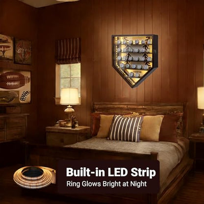 Multi-Tiered Wall Mount Ring Display Case – 25-Slot Baseball Ring Holder with LED Light, Moisture-Proof Wooden Ring Case, Multi-Functional Jewelry Rack for Championship Rings & Watches